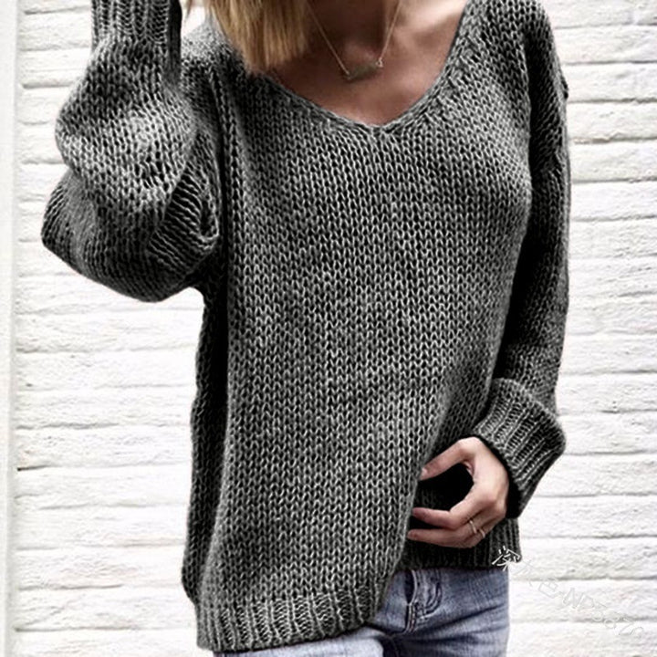Damen Grober Strickpullover mit tiefem V-Ausschnitt und lockerer Passform Drune