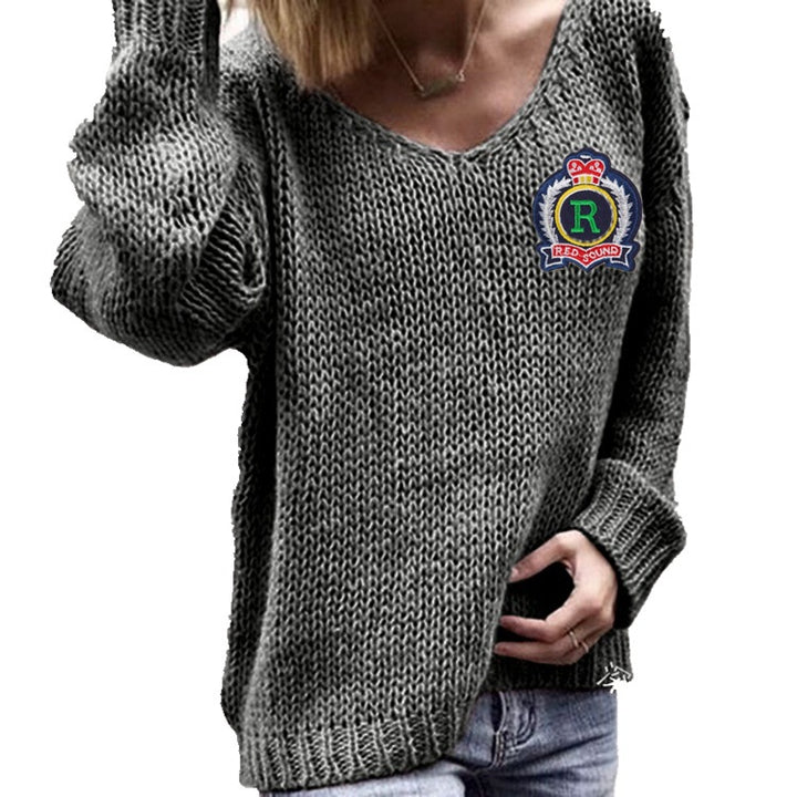 Damen lässiger Strickpullover mit tiefem V-Ausschnitt und seitlichen Schlitzen Drune