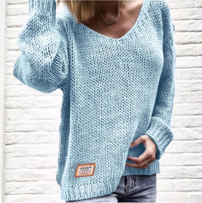 Damen lässiger Strickpullover mit tiefem V-Ausschnitt und seitlichen Schlitzen Drune