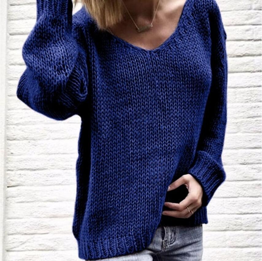 Damen Grober Strickpullover mit tiefem V-Ausschnitt und lockerer Passform Drune