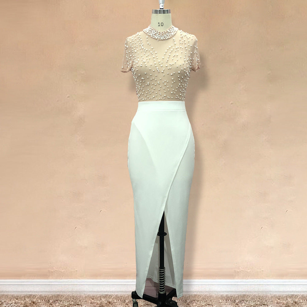 Damen Elegantes Kleid mit transparenten Puffärmeln und Perlenakzenten Drune