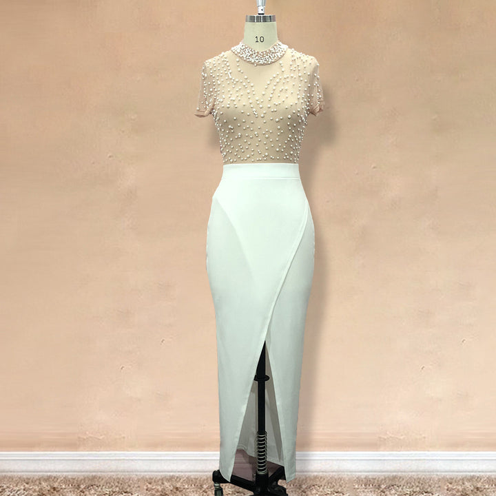 Damen Elegantes Kleid mit transparenten Puffärmeln und Perlenakzenten Drune