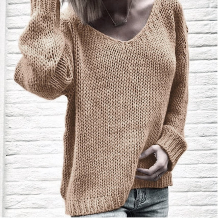 Damen lässiger Strickpullover mit tiefem V-Ausschnitt und seitlichen Schlitzen Drune