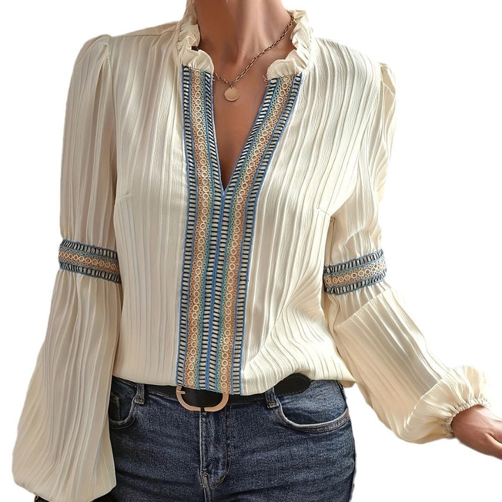 Drune Spitzen-Patchwork-Shirt mit V-Ausschnitt