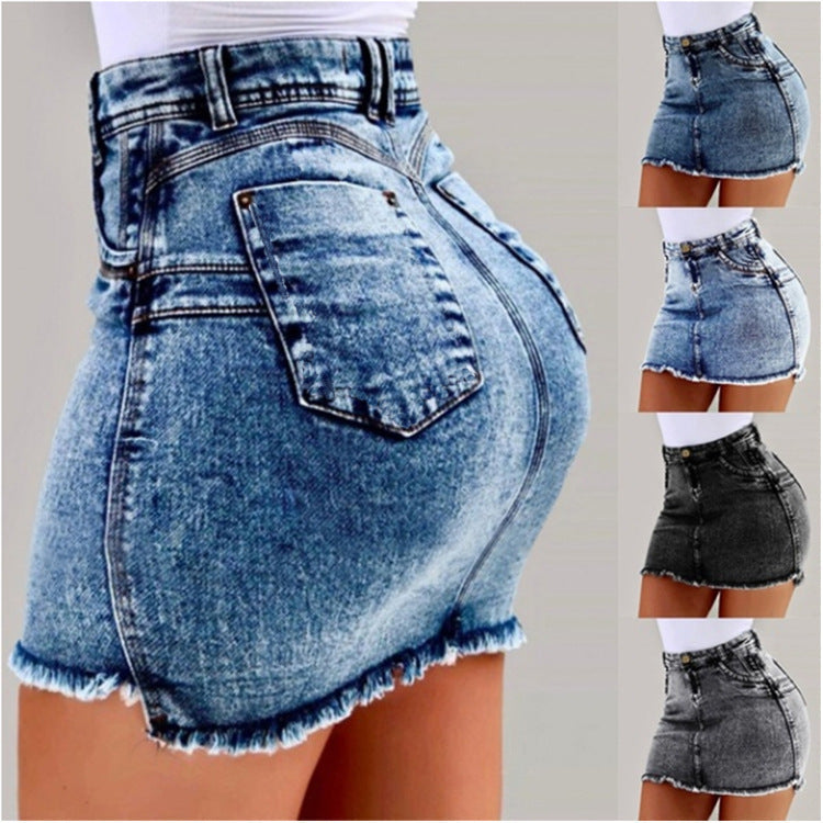 Damen Denimrock mit hohem Bund und fransigem Saum Drune