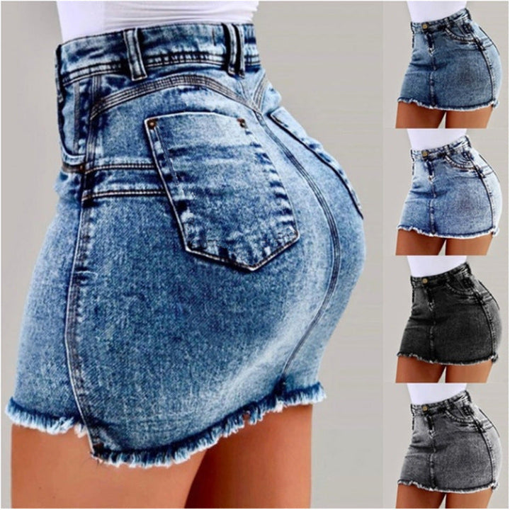 Damen Denimrock mit hohem Bund und fransigem Saum Drune