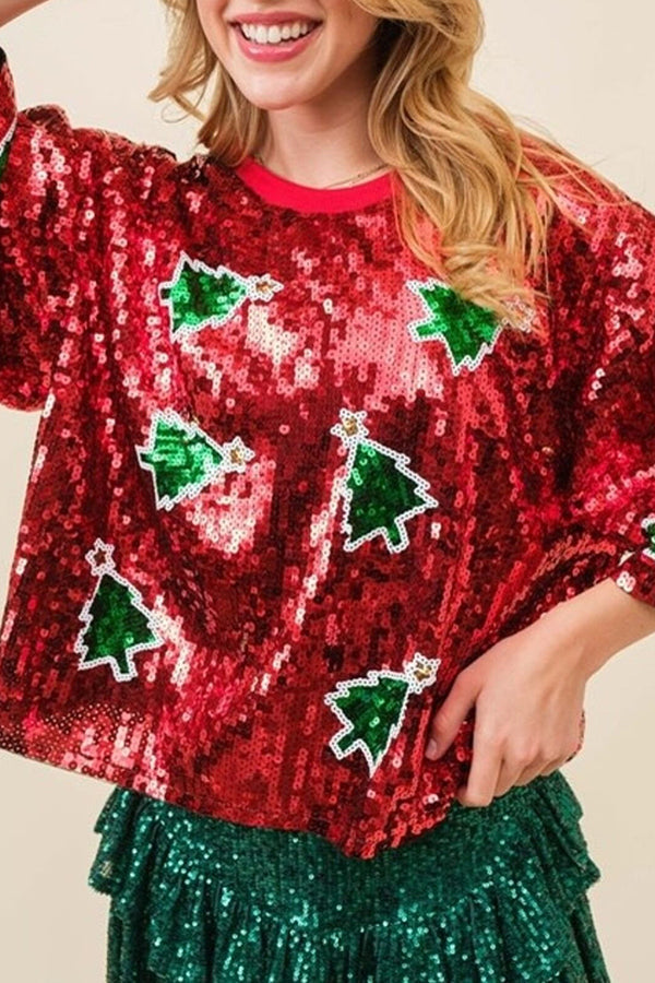 Drune | Augenfälliger Weihnachts-Pailletten Pullover T-Shirt