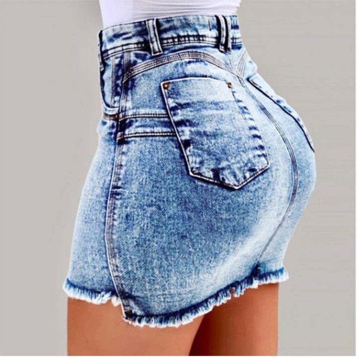 Damen Denimrock mit hohem Bund und fransigem Saum Drune