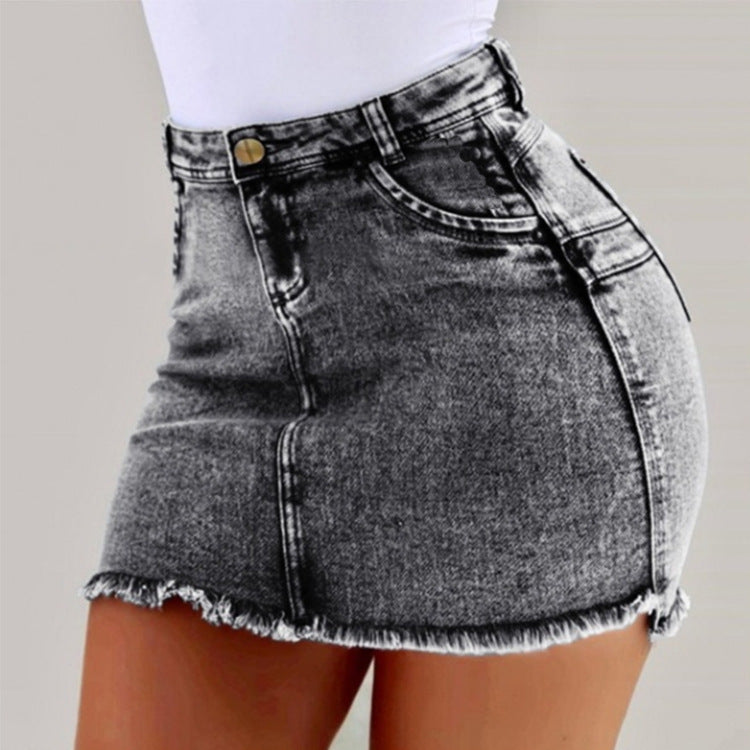 Damen Denimrock mit hohem Bund und fransigem Saum Drune
