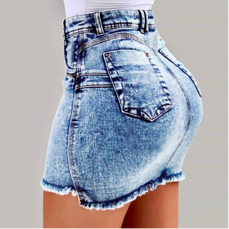 Damen Denimrock mit hohem Bund und fransigem Saum Drune