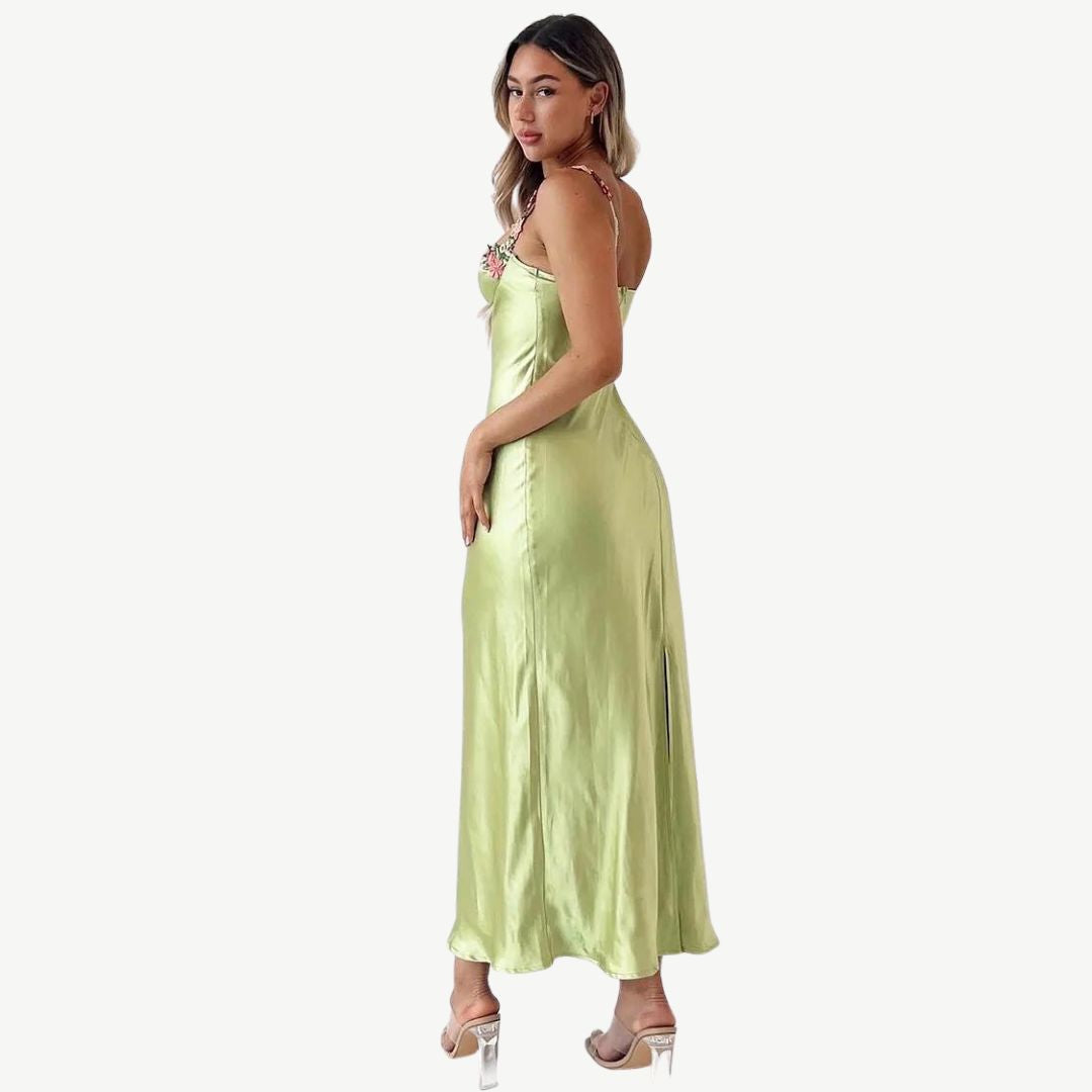 Drune | Blume Bootsausschnitt Hoher Schlitz Satin Schlank Garten Party Slip Maxikleider