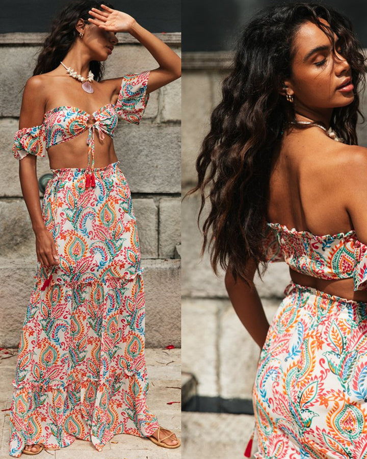 Damen Zweiteiliges Set aus Oberteil und maxi Rock mit floralen Mustern Drune