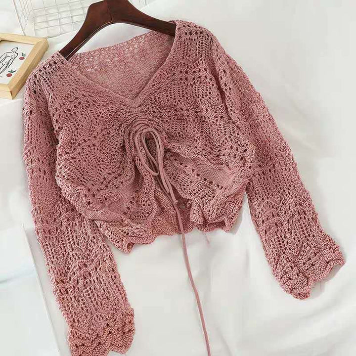 Damen Strickbluse mit dekorativem Lochmuster und verstellbarem Kordelzug Drune