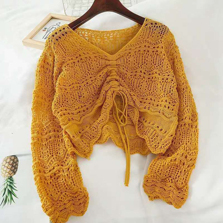 Damen Strickoberteil mit transparentem Häkel-Muster und praktischer Bindebindung Drune