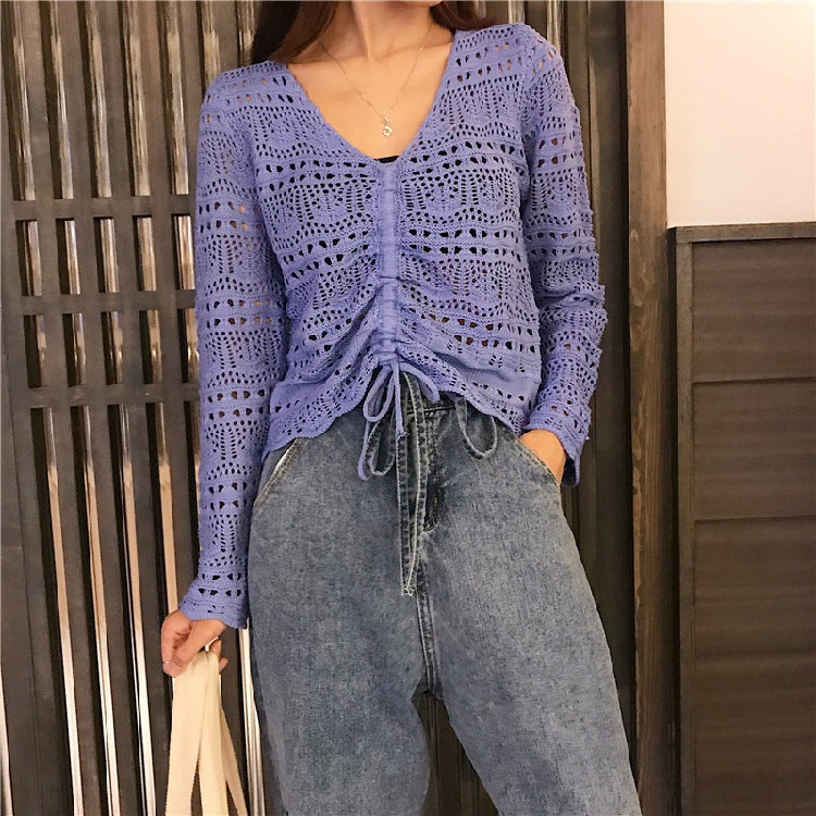 Damen Strickbluse mit dekorativem Lochmuster und verstellbarem Kordelzug Drune
