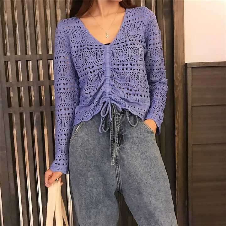 Damen Strickbluse mit dekorativem Lochmuster und verstellbarem Kordelzug Drune