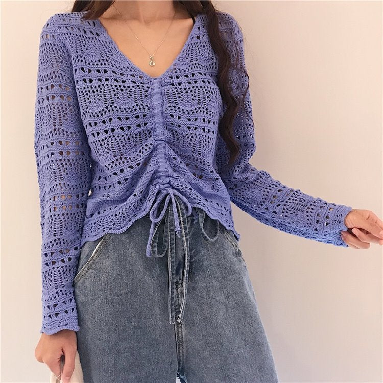 Damen Strickoberteil mit transparentem Häkel-Muster und praktischer Bindebindung Drune