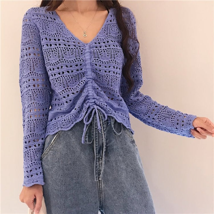 Damen Strickoberteil mit transparentem Häkel-Muster und praktischer Bindebindung Drune