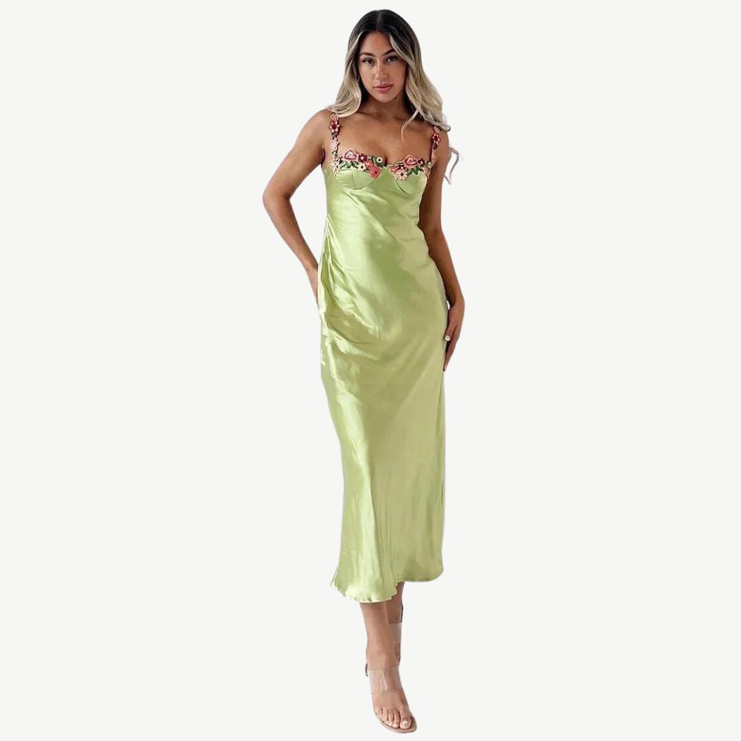 Drune | Blume Bootsausschnitt Hoher Schlitz Satin Schlank Garten Party Slip Maxikleider