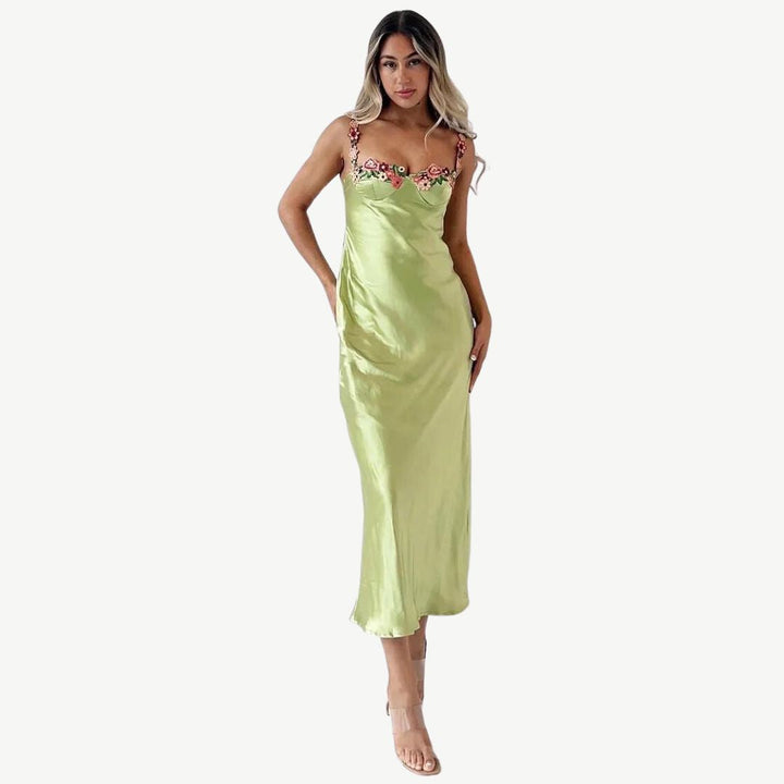 Drune | Blume Bootsausschnitt Hoher Schlitz Satin Schlank Garten Party Slip Maxikleider