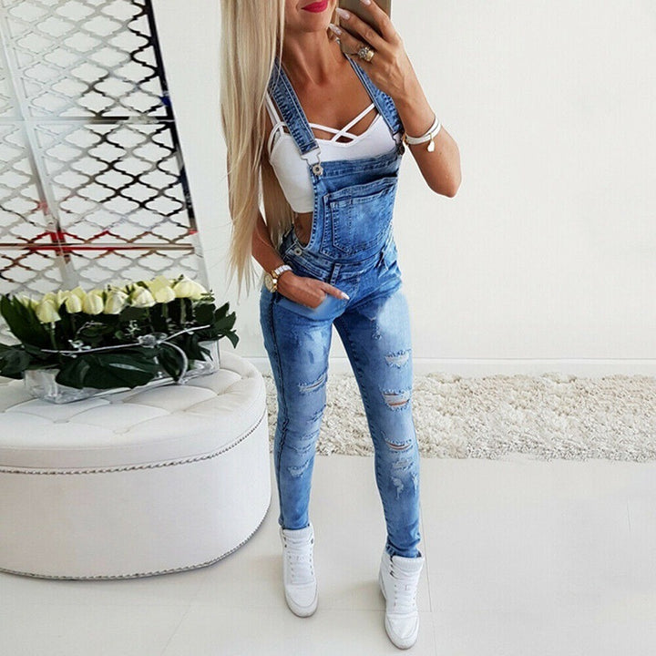 Damen Jeans-Latzhose mit modischen Zerstörungen und verstellbaren Trägern Drune