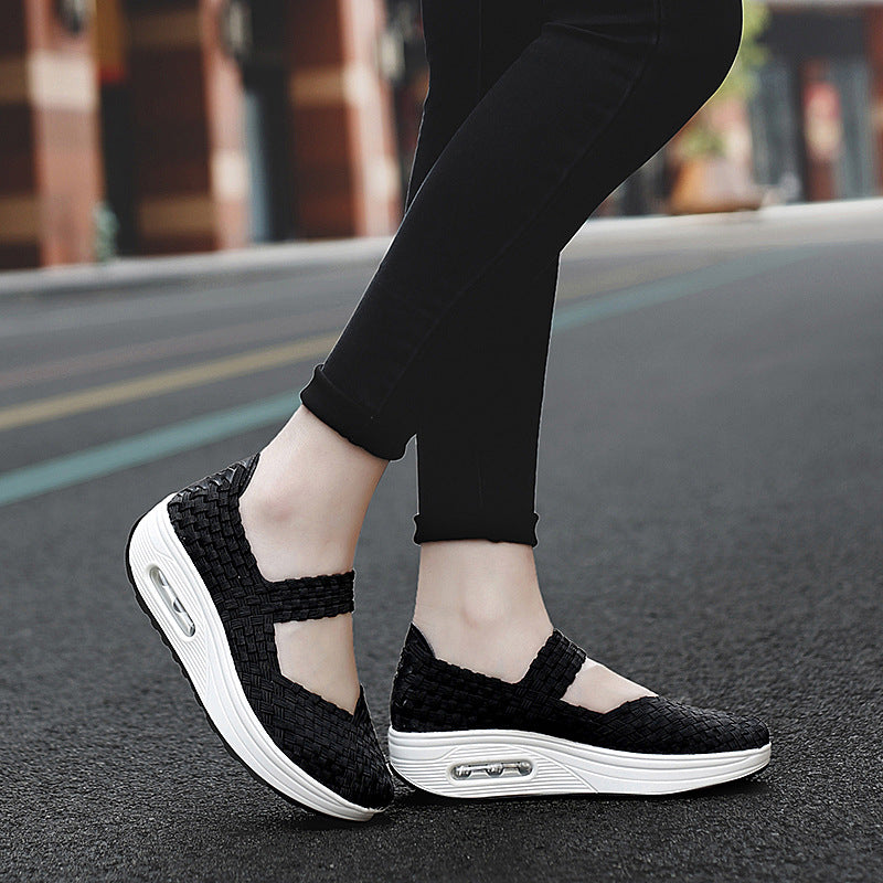Damen nan gewebter Mary-Jane-Sneaker mit elastischem Flechtoberteil, Klettverschluss und luftgepolsterter Plateausohle Drune