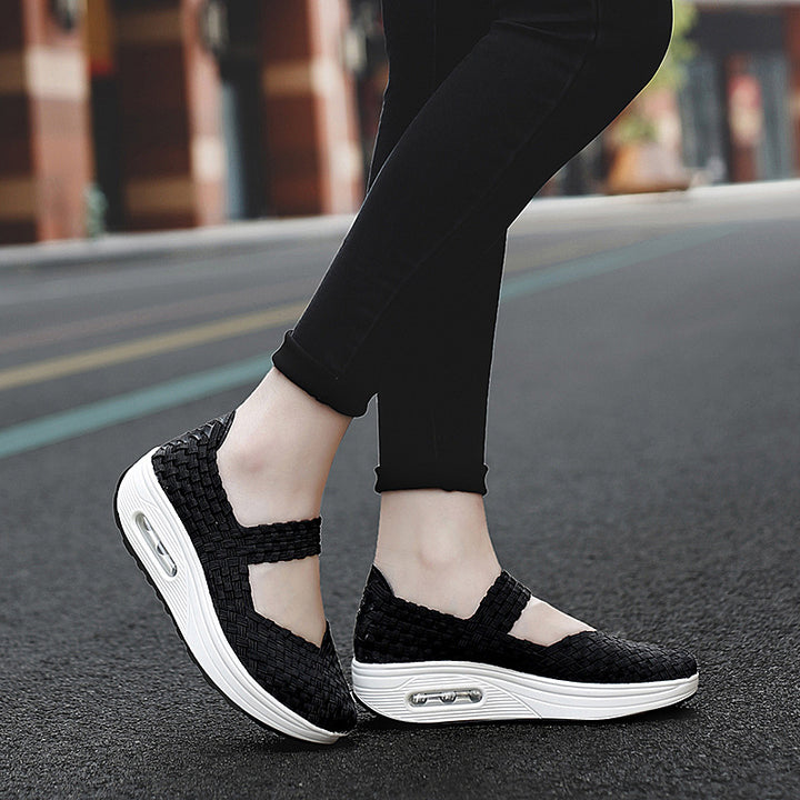 Damen nan gewebter Mary-Jane-Sneaker mit elastischem Flechtoberteil, Klettverschluss und luftgepolsterter Plateausohle Drune