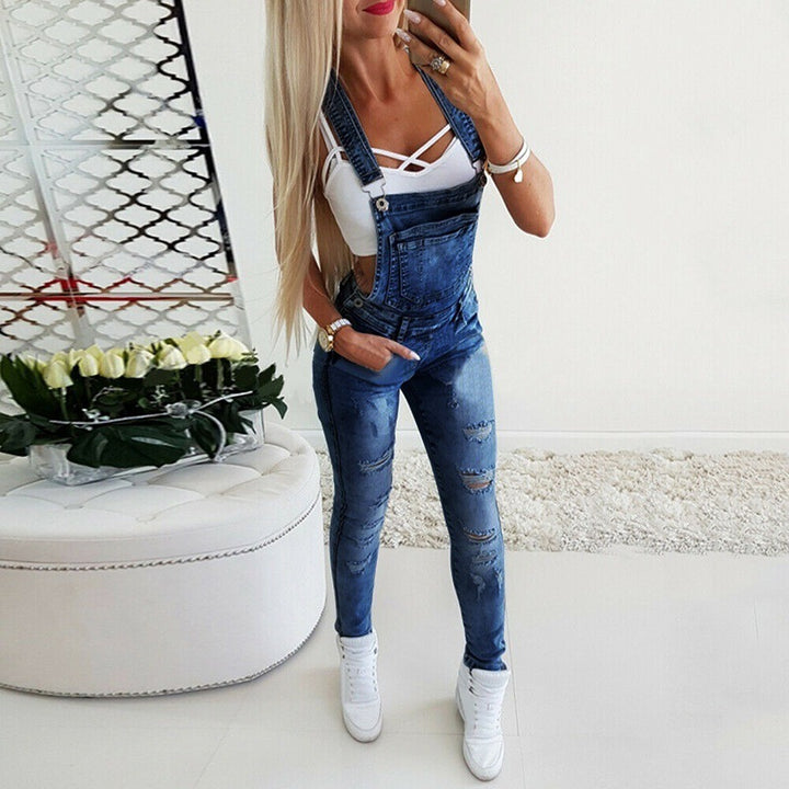 Damen Jeans-Latzhose mit modischen Zerstörungen und verstellbaren Trägern Drune