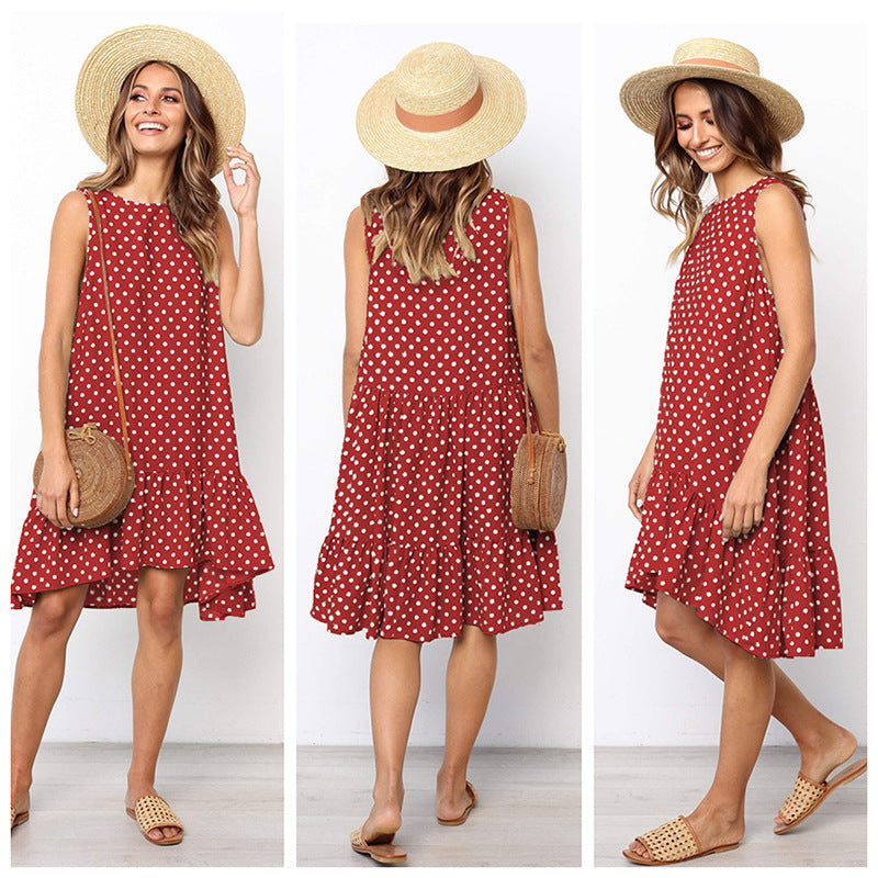 Damen Sommerliches A-Linien Kleid mit Rüschensaum und Punkten Drune