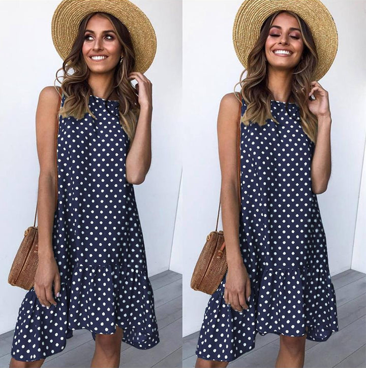Damen Sommerliches A-Linien Kleid mit Rüschensaum und Punkten Drune