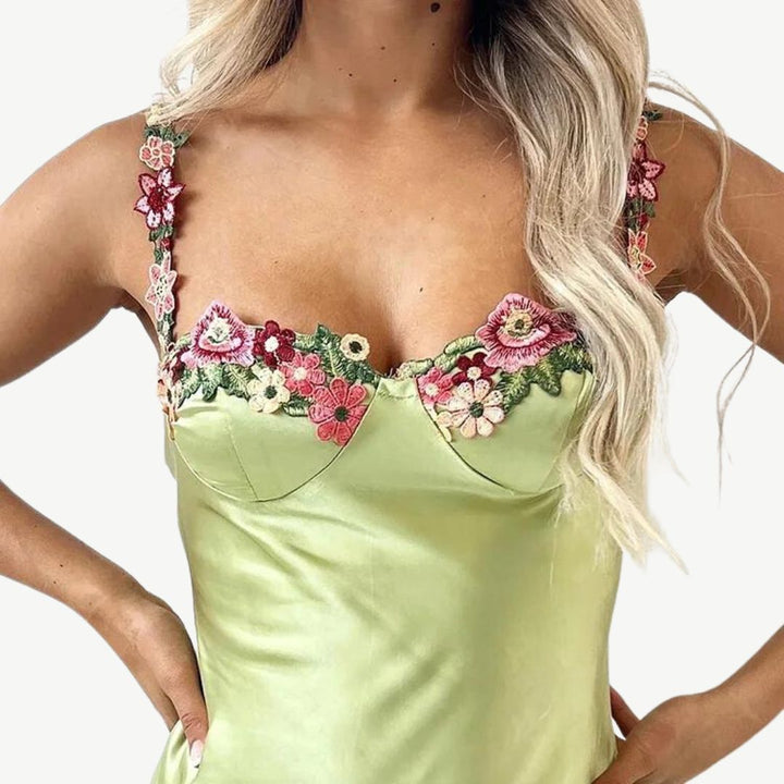 Drune | Blume Bootsausschnitt Hoher Schlitz Satin Schlank Garten Party Slip Maxikleider