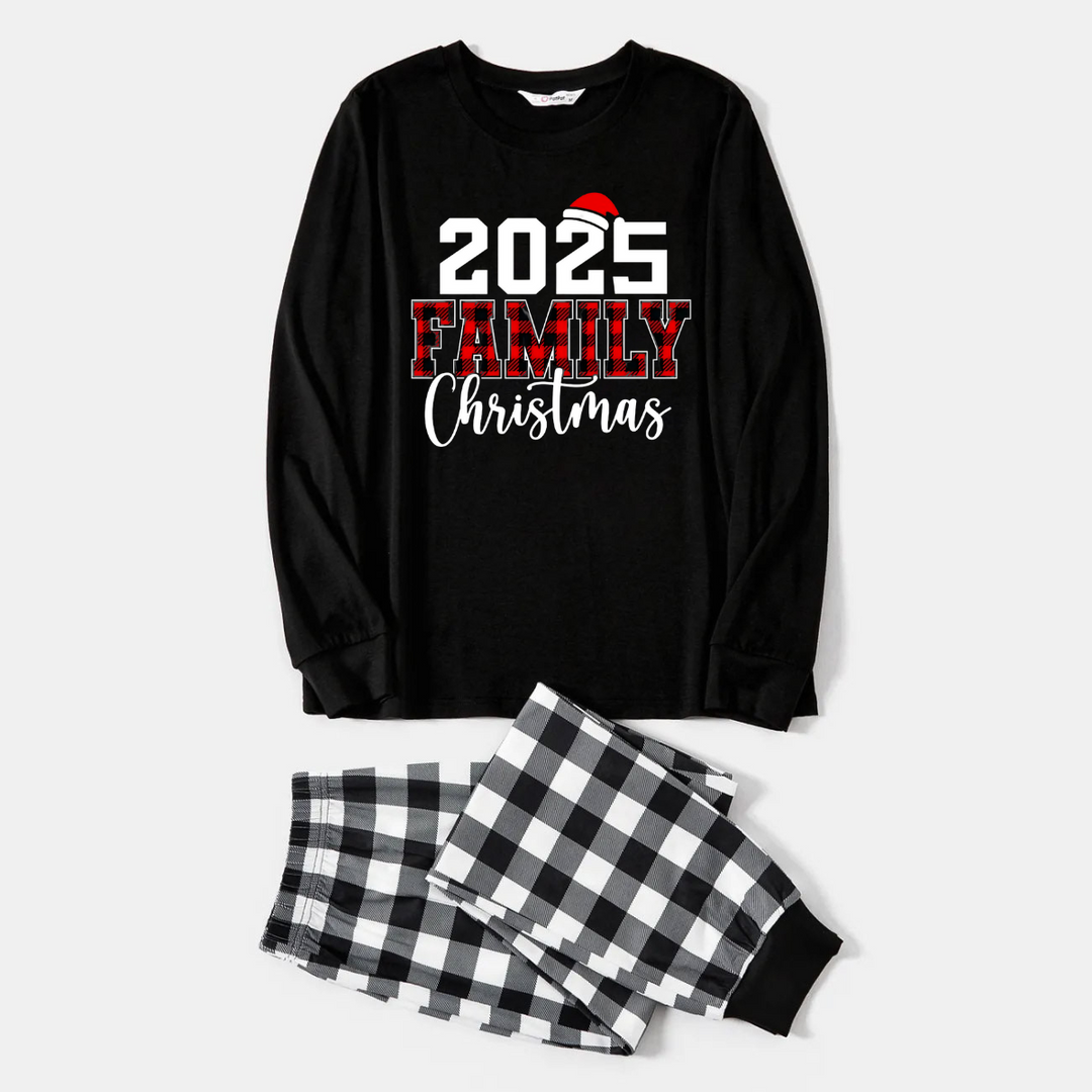 Drune | 2025 Familie Weihnachts Textdruck Schwarzes Langarmshirt mit Schwarz-Weißen Plaid-Hosen Familienpassende Pyjamas