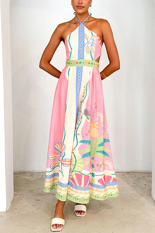 Drune | Halter Schnürung Rückenfreies Rio Print Maxi Kleid