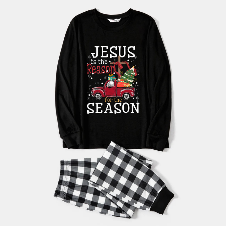 Drune | Schwarz-Weiße Karierte Weihnachts-Pyjama-Set Mit "Jesus ist der Grund für die Saison" Textdruck