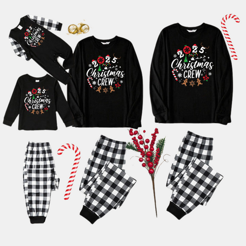 Drune | 2025 Weihnachts Crew Gemeinsam Erinnerungen Schaffen Textdruck Schwarzes Langarmshirt mit Schwarz-weissem Karohosen Familienpassende Pyjamas