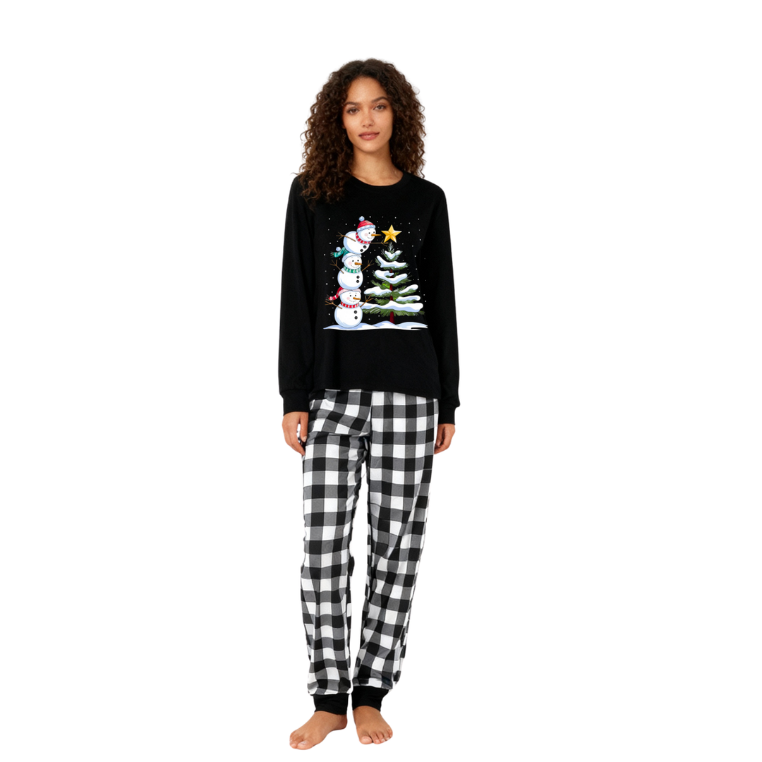 Drune | Schwarz-weiß kariertes Weihnachts-Pyjama-Set mit Schneemann- und Weihnachtsbaumdruck
