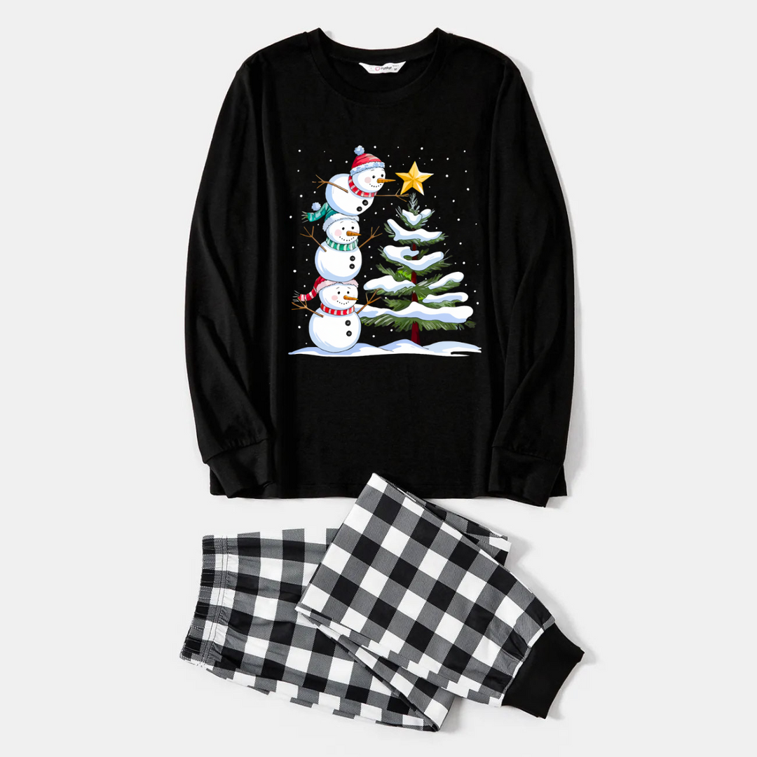 Drune | Schwarz-weiß kariertes Weihnachts-Pyjama-Set mit Schneemann- und Weihnachtsbaumdruck