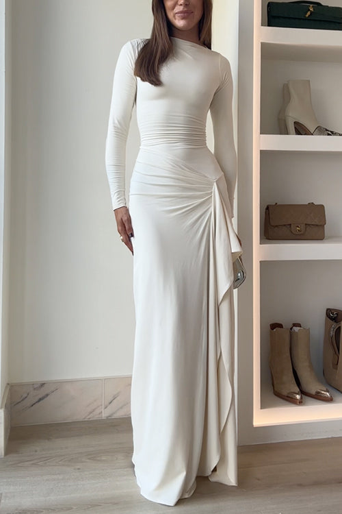 Drune | Lange Ärmel Drapiertes Schlitz Maxi Party Kleid