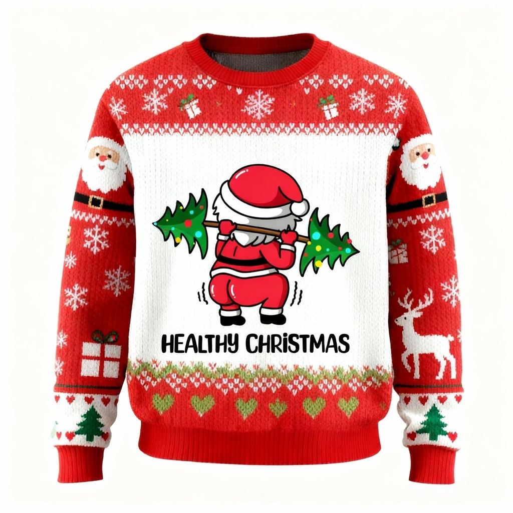 Drune | Weicher Fleece Weihnachtsmann- und Baum-Muster Hässlicher Pullover - Unisex Weihnachtsfeier-Essential