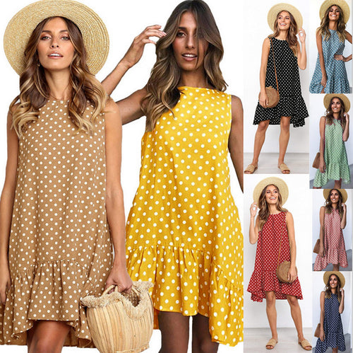 Damen Sommerliches A-Linien Kleid mit Rüschensaum und Punkten Drune