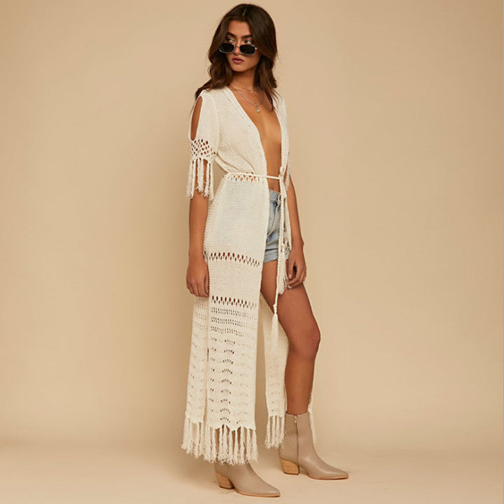 Damen Häkel-Strandkimono mit fransigen Details und Bindegürtel Drune