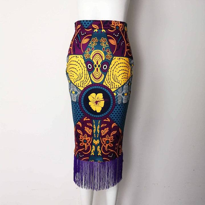 Damen eleganter Rock mit Fransen und außergewöhnlichem Print Drune