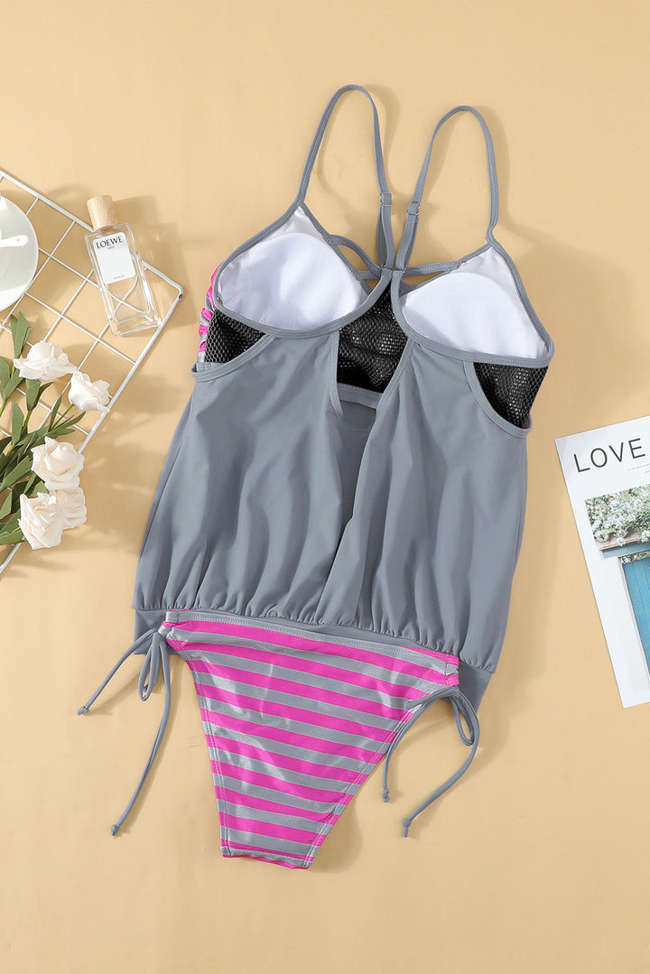Drune | Kreuzschraffiertes Spaghetti-Trägertop Tankini Set