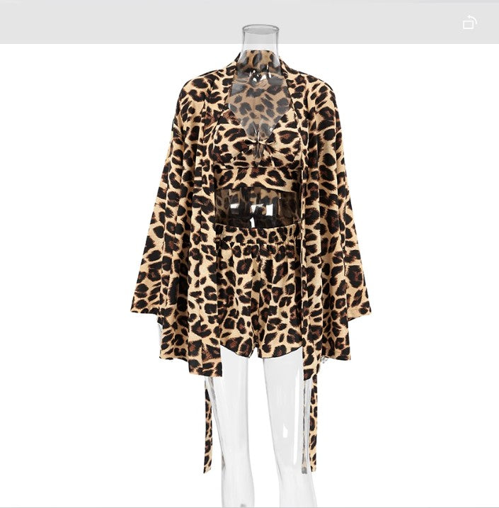 Damen Kimono-Morgenmantel mit Leopardenmuster und lockerer Passform Drune