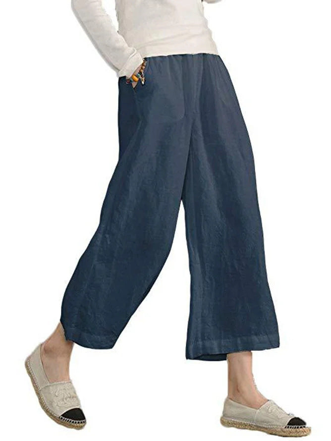Damen weite Leinenhose mit elastischem Bund und praktischen Seitentaschen Drune
