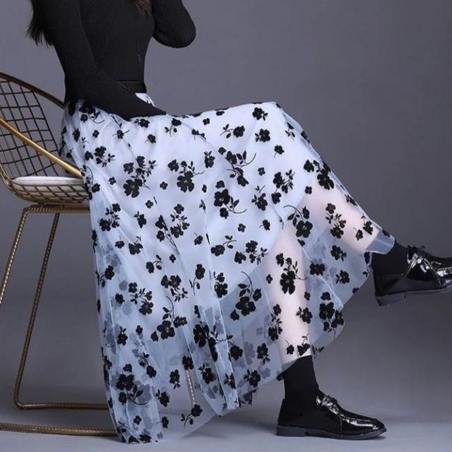 Drune | Eleganter Maxirock aus Mesh mit Blumenmuster