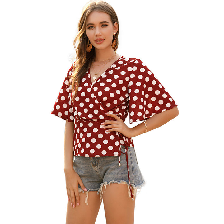 Damen Wickelbluse mit modernen Polka-Dots und stylishen Schlaufen Drune