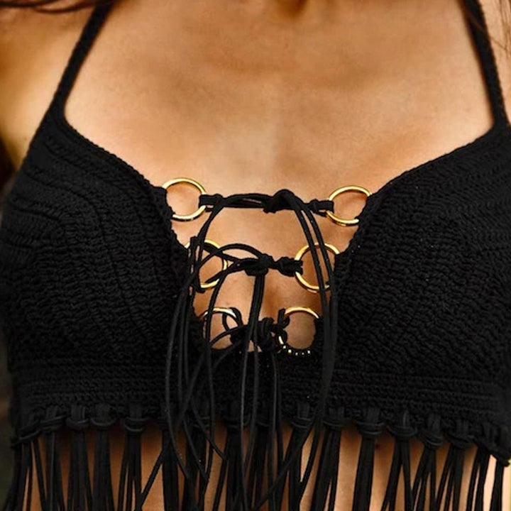 Damen Häkel-Bikini-Oberteil mit Fransen und dekorativen Ringen Drune