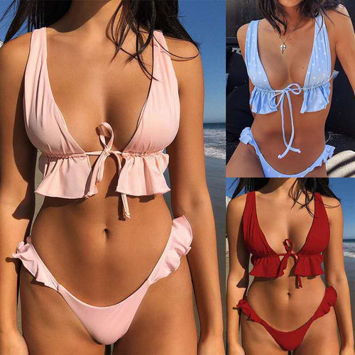 Damen Volant-Bikini-Set mit tiefem Ausschnitt Drune