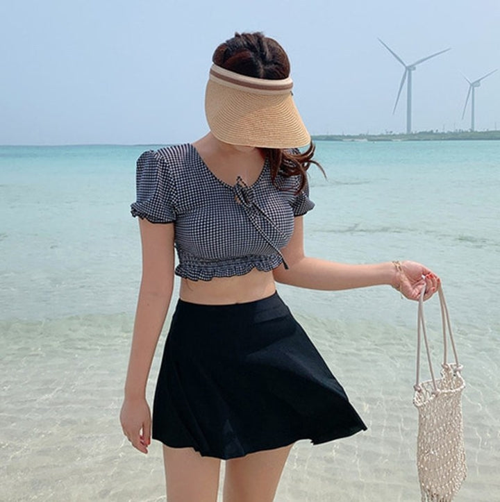 Damen Cropped Oberteil mit Rüschensaum und charmantem Karomuster Drune